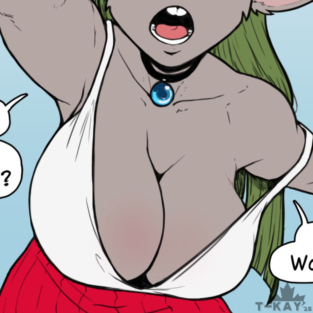 A closeup of Katie leaning forward with her top slipping