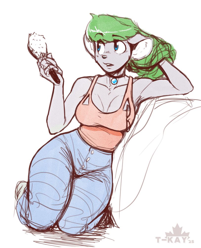 Katie resting and brushing her hair, wearing high waist jeans and a tank top.