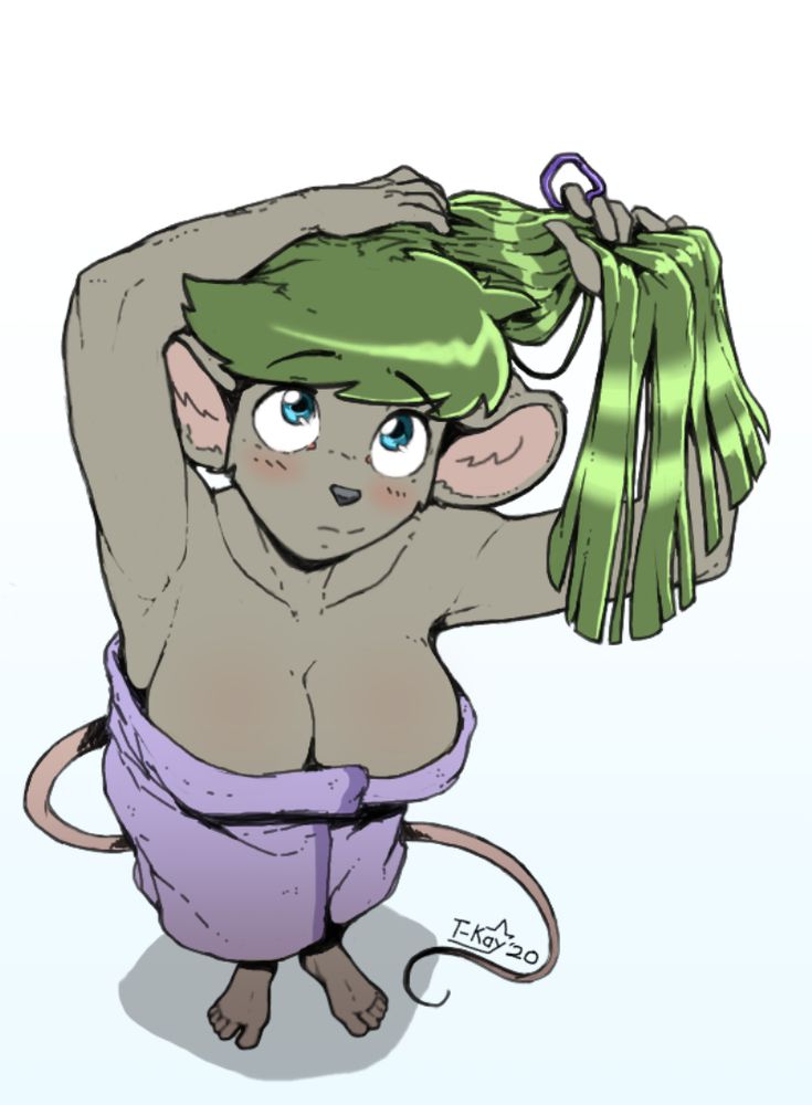 Katie in a bath towel, in the process of tying up her hair with a purple scrunchy.