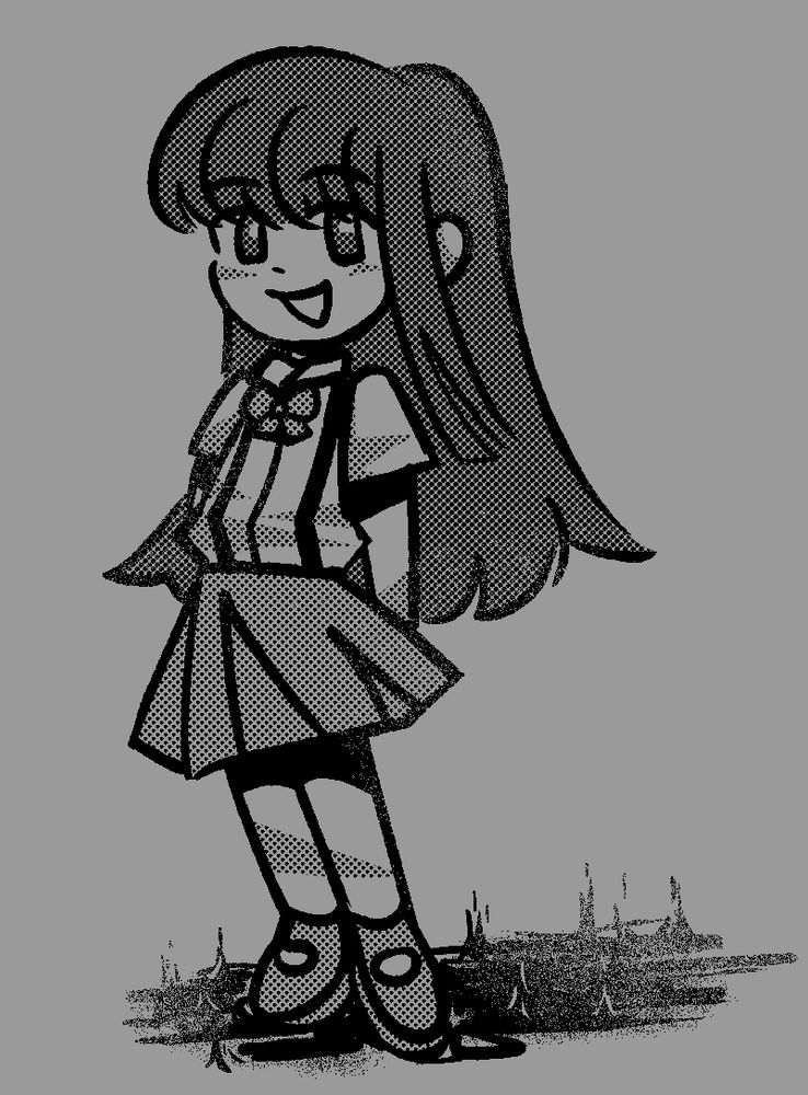 a black and white drawing of Rika Furude from Higurashi