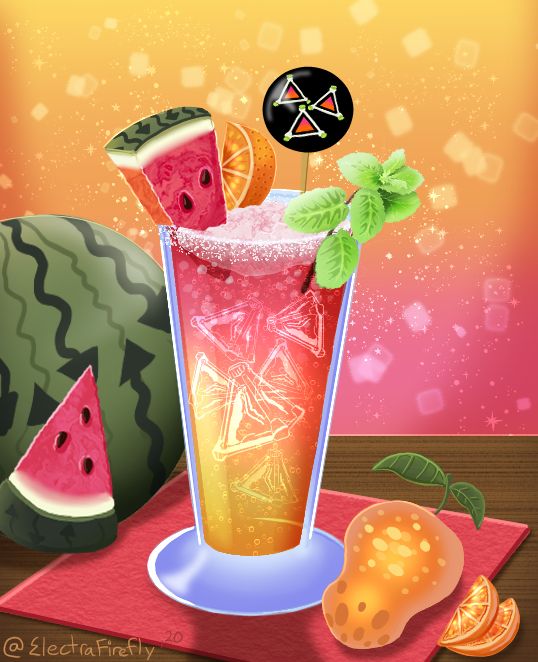 Squiddy melon flavored slush drink with squid orange and splatbomb shaped ice cubes. Mint adorns the rim of the glass along with confectionery sugar.