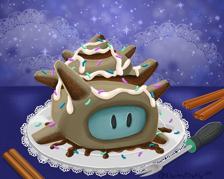 Super Sea Snail Cinnamon roll rests on a table with cinnamon sticks and a screwdriver shaped fork. The cream cheese is coated with numerous blue, purple and green sprinkles