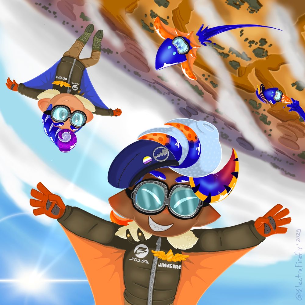 The Soarin’ Squids flying above a canyon. Lindberg is flying upside down while Orville flies close behind them. Boomer and Amelia are in swim form below them.