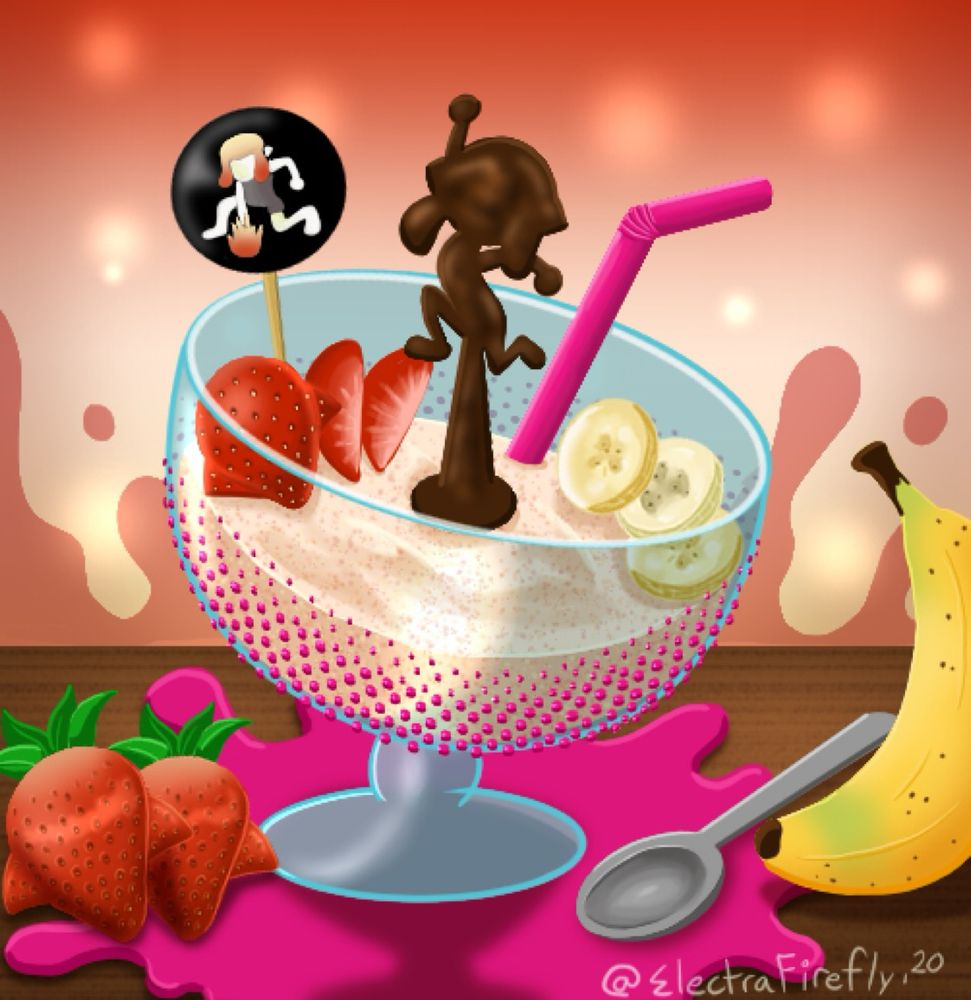 A creamy banana and strawberry smoothing with fresh fruit and a chocolate inkling sits in a table. The inkling is in Splash Down pose 