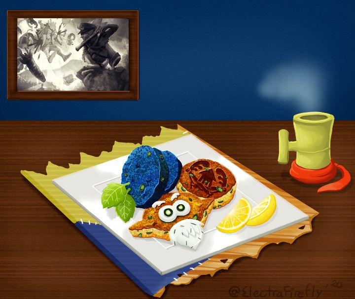Crab Cakes shaped to resemble Capn Craig Cuttlefish
Served with a tartar sauce beard and green bamboozler tea
