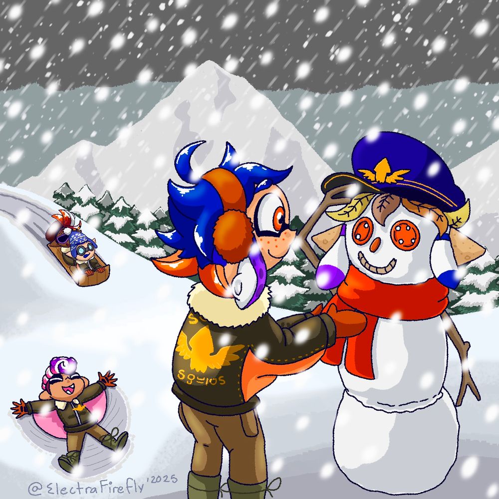 The Squad is all playing in the snow together. Ami is building a snow squid saluting. Orv is doing snow angels and Boomer and Lind are sledding down a hill