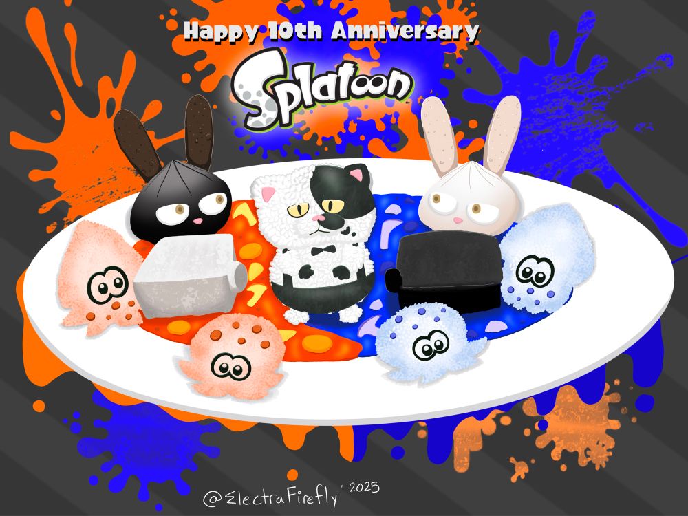Splatoon’s 10th anniversary curry featuring:
Prototype Tofu blocks, regular and sesame
Rabbit Bao with rice cracker ears
Squid and Octoling rice balls and a Judd Rice in the middle of the orange and blue ink curry.