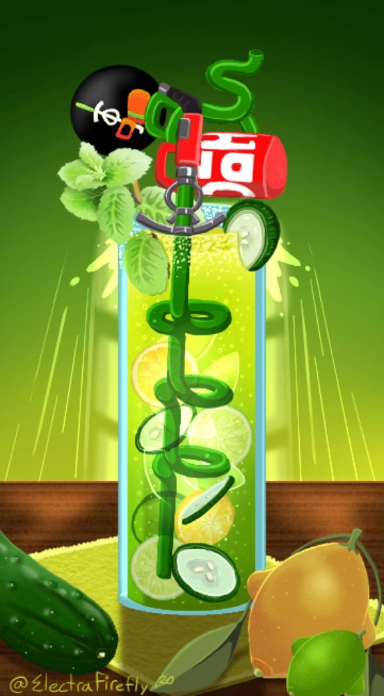 A cucumber lemonade sits in the middle of a table with a sting ray straw coming up out the middle of the drink. Slices of cucumber, lemon and limes fill the glass along with ice and lemonade. It is topped with a sprig of mint and rimmed with sugar and a cucumber slice. Cucumber, lime and squid-fin lemon surrounds the drink on the table. 