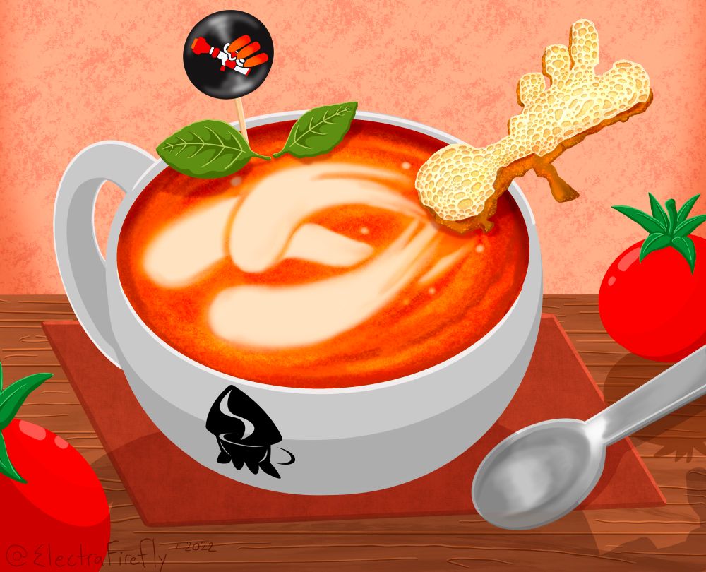 A bowl of trizooka themed tomato bisque sitting on a table with a trizooka shaped toast on the rim and 3 creamy trizooka ink shots in the soup bowl. Two sprigs of basil sit near the edge.