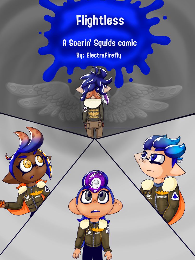 “Flightless”
🧵 1/25 Cover art
Captain Amelia is turned with her back towards the audience while the Squad all looks up at her from the bottom page
