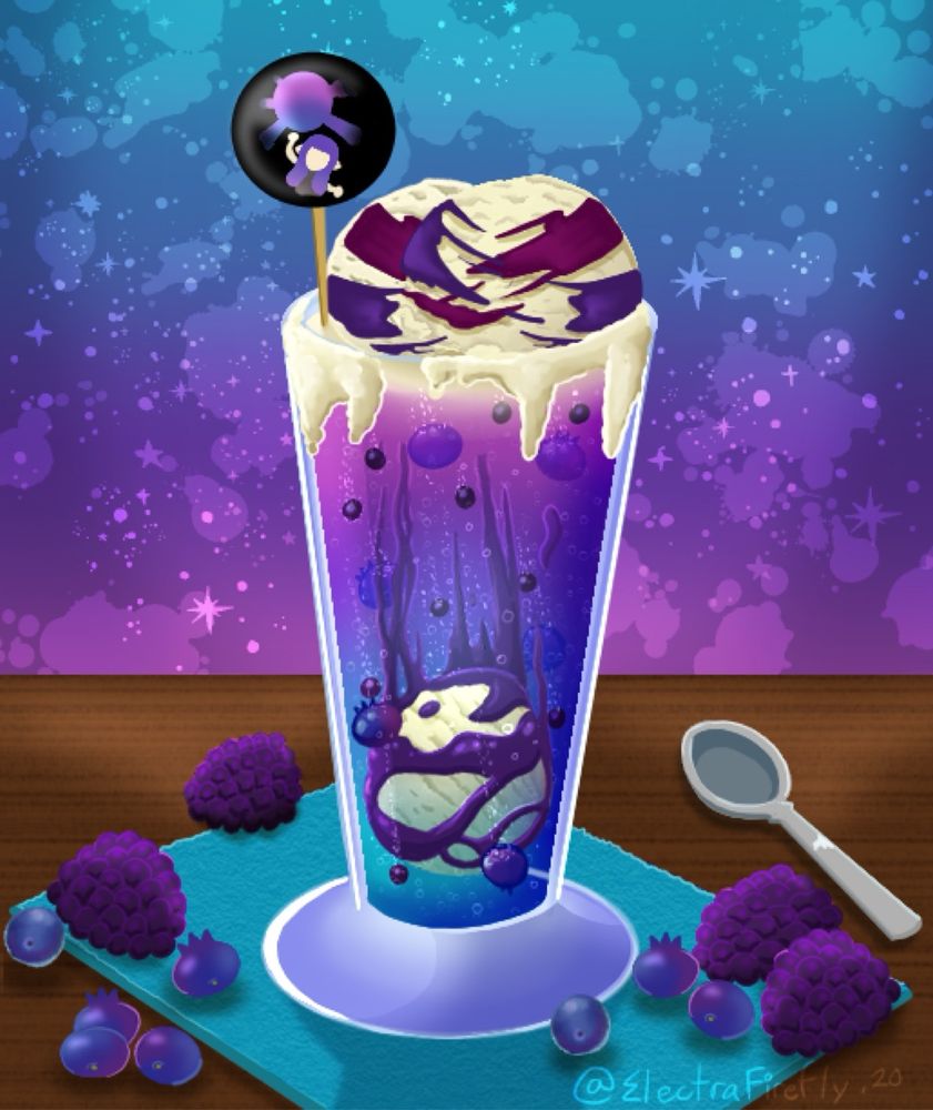 Booyah Bomb themed drink sits in the middle of the table.

Featuring an ice cream soda float with ice cream booyah bomb being tossed into the soda. The rable is surrounded by blueberried and blackberries
