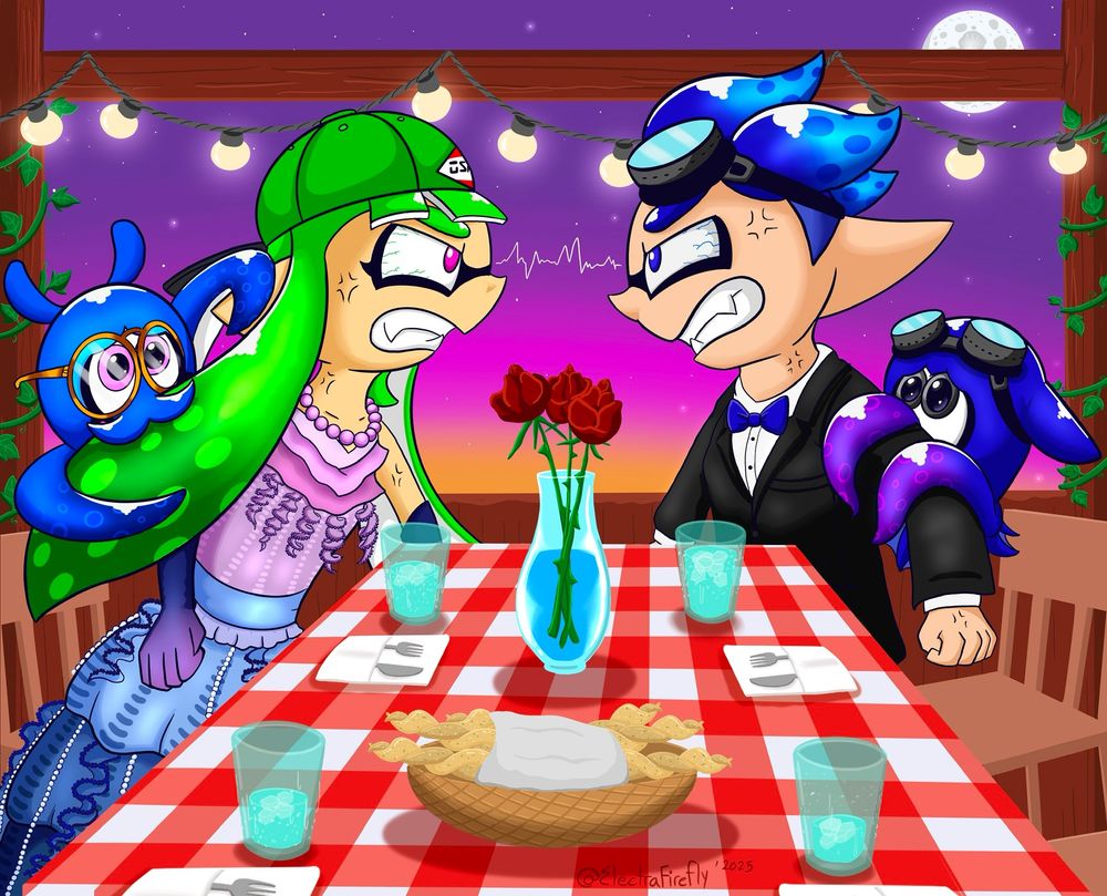Aster formally dressed and starring daggers at Boomer who is also dressed in fancy formal wear. The two glare each other down while their Octolings try to break up the fight between the competitive squids.