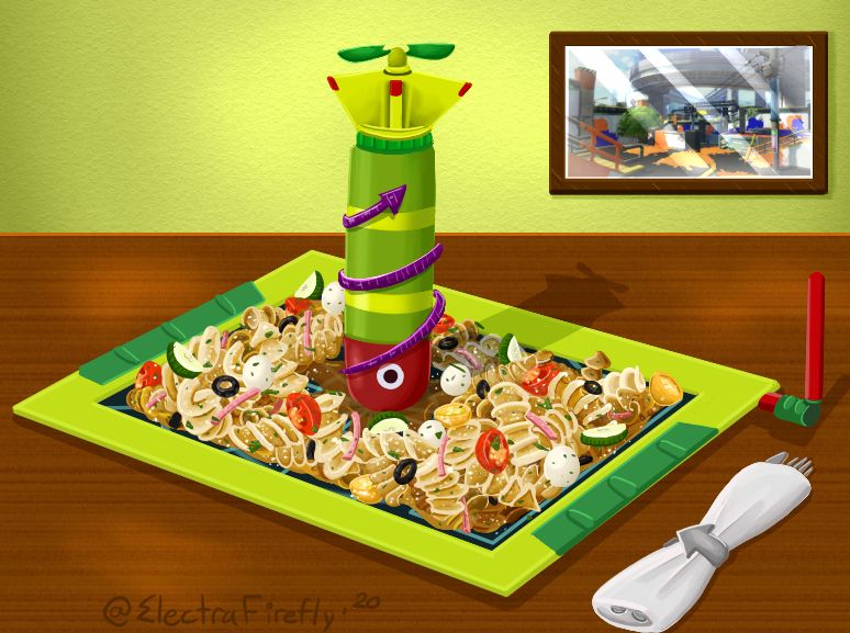 Pasta salad served on an Inkstrike Pad with an Inkstrike missile in the middle. Adorned with red onion. Pasta salad includes olives, mozzarella, tomatoes, tomatoes and zucchini tossed in our house-made garlic, thyme vinaigrette. 

#foodart