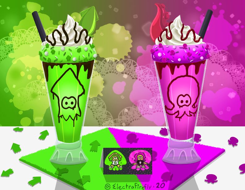 Happy Anniversary to Splatoon 2! 
Squids vs Octos shakes on a bicolored napkin surrounded by Squid and Octo shaped confetti. Each shake features a gummy squid dummy or octo tentacle respectively.