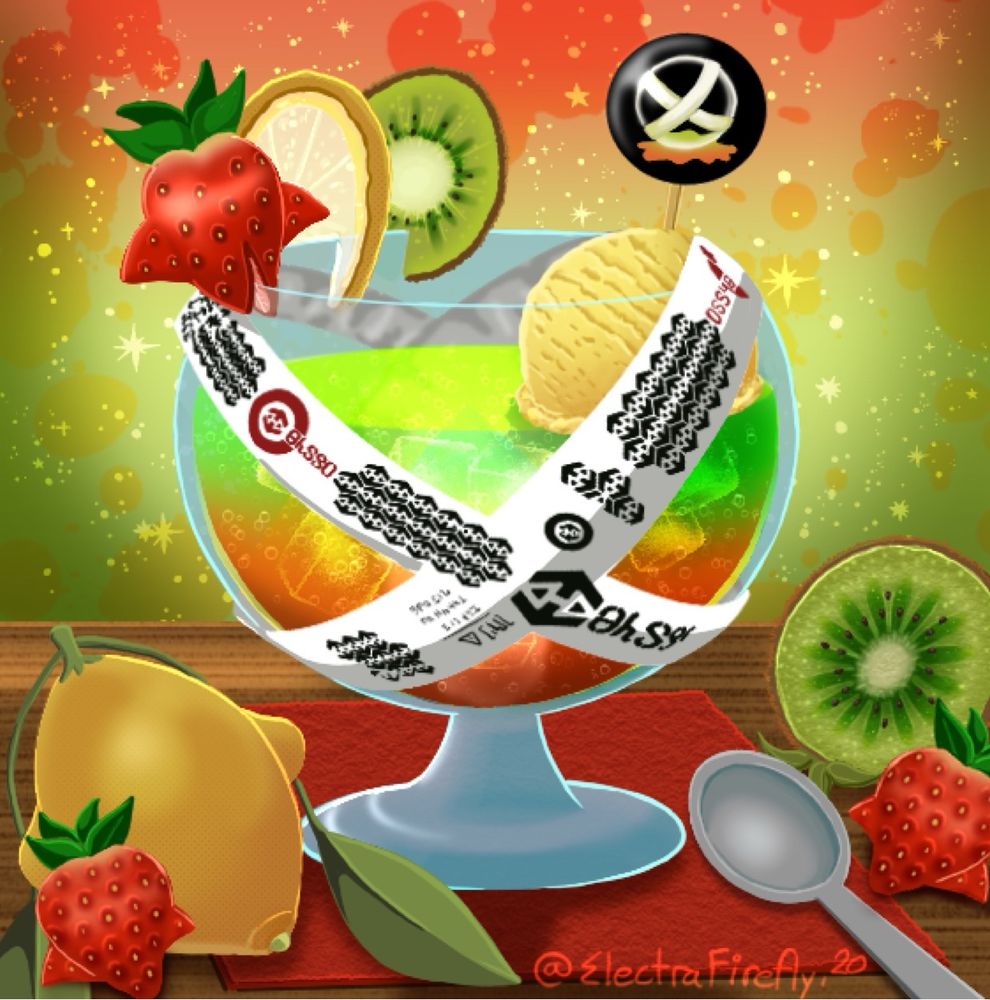 A spherical glass filled with sparkling strawberry, kiwi lemonade sits on a table surrounded by squidfin lemon, squid strawberry and kiwi. The glass is wrapped in Baller decorative paper and served with fruit on the rim of the glass. A scoop of lemon sorbet floats on top of the lemonade.
