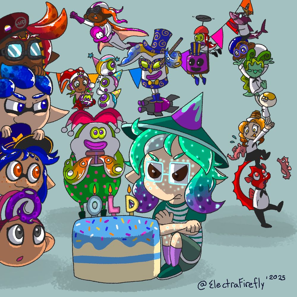 Electra sitting with a birthday cake in front of her and with a sour look on her face. The candles say “OLD”.
Various sillies surround the scene. 

The Soarin’ Squids peak out from the left.
The Octarian Circus in the background.
The Splat Café staff on the right, attempting to hang decorations. 