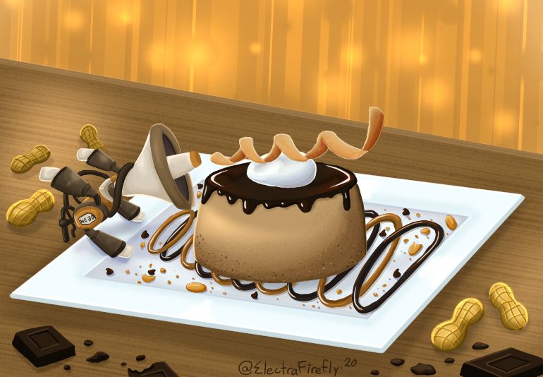 Peanut butter and chocolate mousse killerwail dessert with peanut butter and chocolate sound wave drizzles adorning the plate and crushed peanuts. Peanut butter chocolate Killer Wail on the left producing a crisp cookie sound wave. 