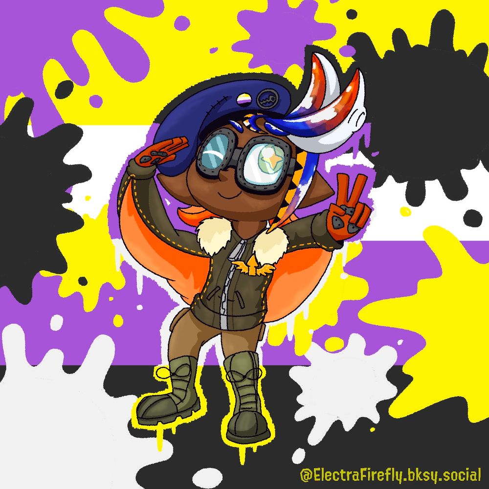 Lindberg saluting surrounded by NB colors and splats, celebrating International Non-Binary Day.  They’re giving a peace sign with their left hand, as  reference to their Cuttlefish heritage 