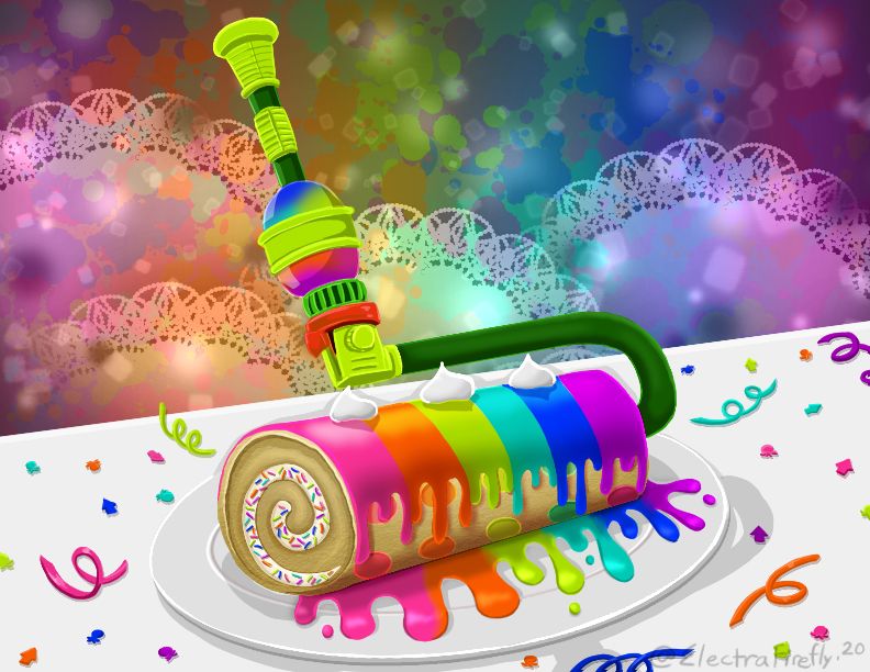 6 color frosting Roller Cake from Splat Café 
A colorful roller jellyroll cake either funfetti filling sits in the middle of a table with scattered confetti. Squid and octo confetti also adorn the table