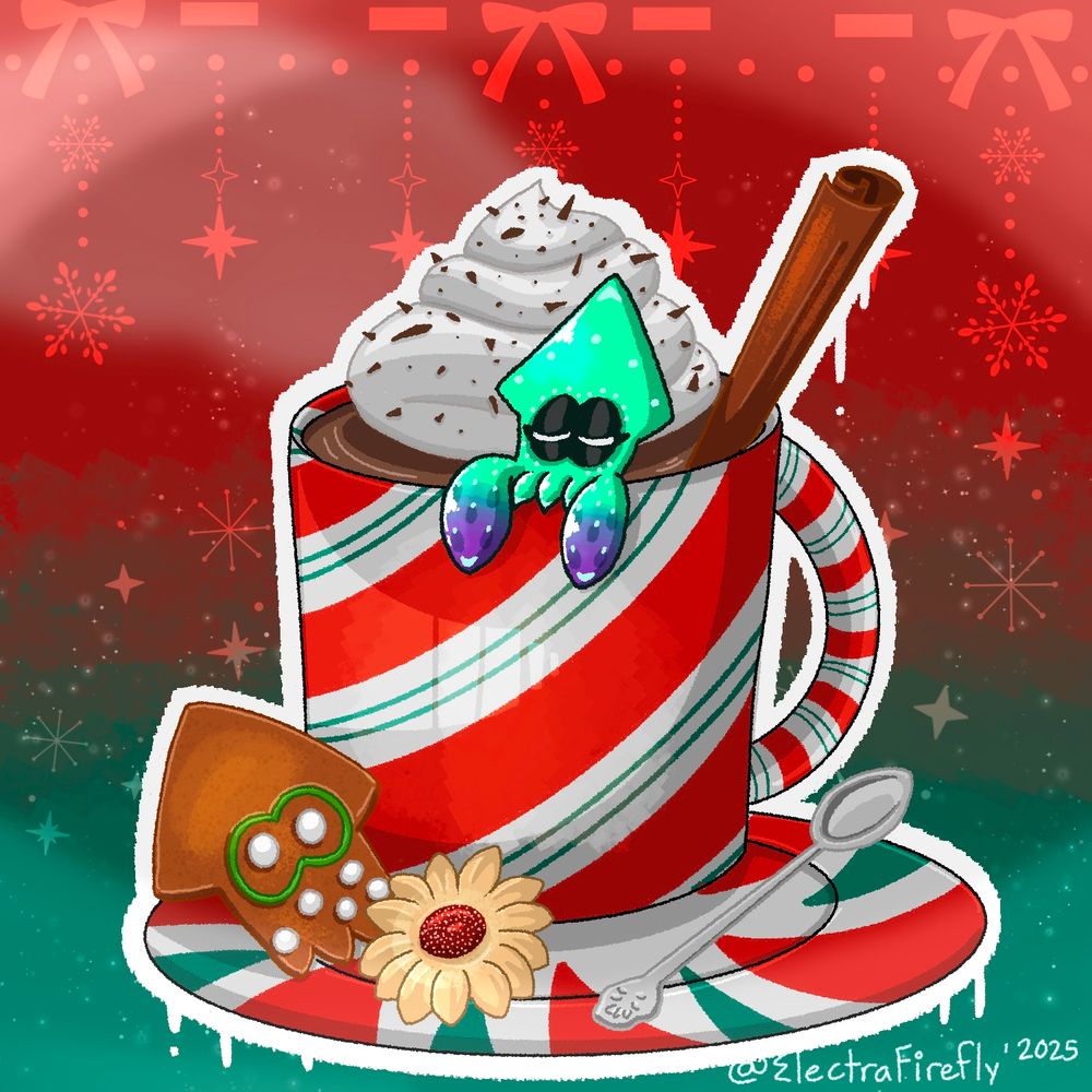 Electra in swim form in a mug of hot chocolate 