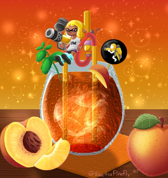A cold glass of ive tea with peaches surrounding it sits in the middle of a table. A sprig of mint and peach slice adorn the rim of the glass. A decorative Inkling Injet double straw hovers above the ice cold tea. 
