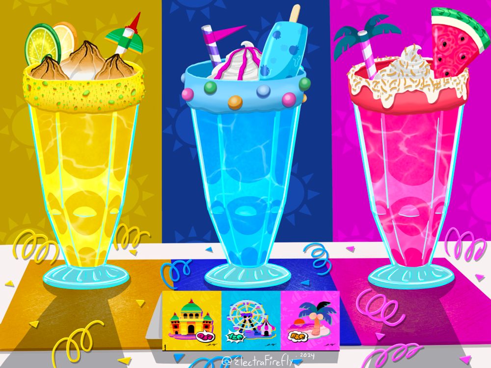 3 Summerfest themed milkshakes sit on a table with a tricolored napkin matching their color scheme.  Team Palace, Team Theme Park, and Team Beach. 

Palace: 3 meringue palace domes sit on the top of the šervet golden colored shake along with lemon and limes on the rim, crusted with pistachios. A palace dome topper decorates the straw.

Theme Park: whipped cream with ribbons of drizzle to resemble a circus tent sit on top of the blue shake along with a blueberry ice pop and a straw with a carnival flag topping the shake. This shake is rimmed with colorful candies.

Beach: a pink shake that is filled with a watermelon slice and dried coconut dusting on the whipped cream and rim to resemble a tropical sandy beach. The straw features a palm leaf tree topper.