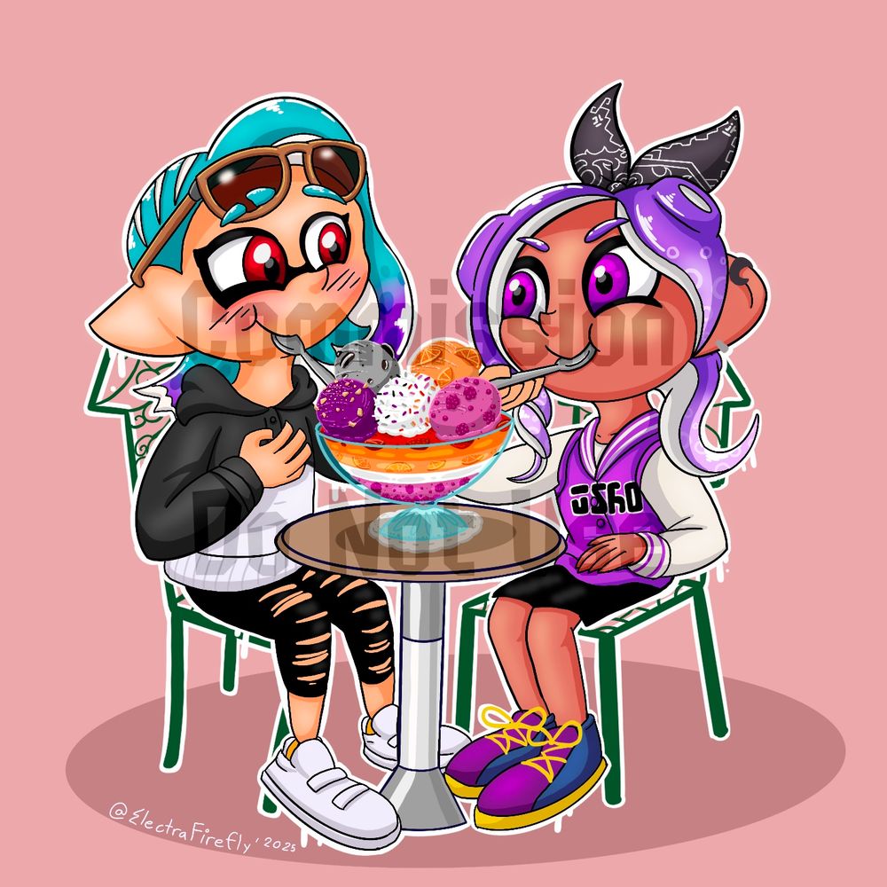 Sakura and Tako enjoy pride sundaes together. A bowl of lesbian themed and flavored ice cream sits in a bowl in the middle of the table. 