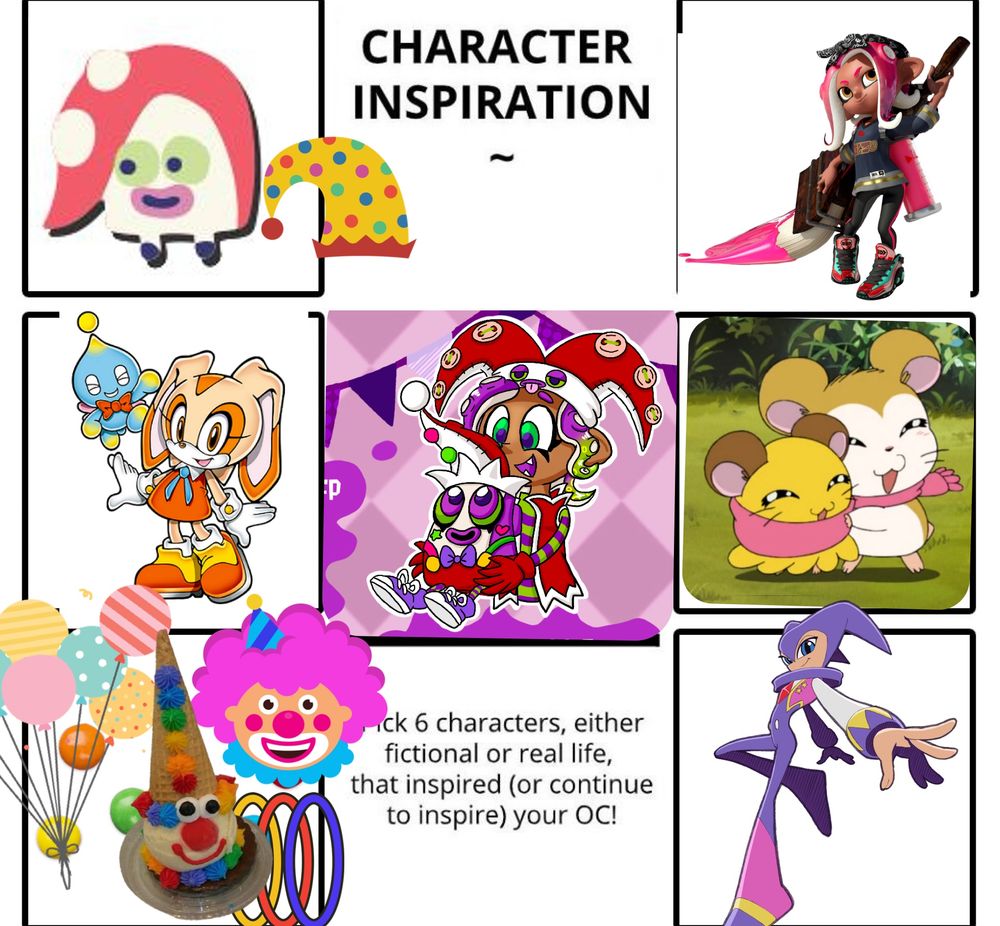 (Octarian Trooper and Octoling) 
Basic inspiration: Tenten is a cut tentacle (Octarian tentacle) from Maya the Octoling. As such, the two share a connection and brainwaves. Though much simpler, Tenten feels all the feelings Maya does. 

(Cream/Cheese and Pashmina/Penelope)
Sisterly bond: Maya and Tenten were kicked out of the Octarian Armory after Maya’s repetitive clumsy mishaps that ultimately led to Tenten’s birth. The two share a sisterly bond and Maya treats Tenten like her younger sister.

(Clowns and Jesters)
Lost in the kettles: having nowhere to go after their banishment, Maya and Tenten found the Octarian Circus and were welcomed with open tentacles. Maya and Tenten’s clumsiness turned out to be humorous to the audiences they preformed for.