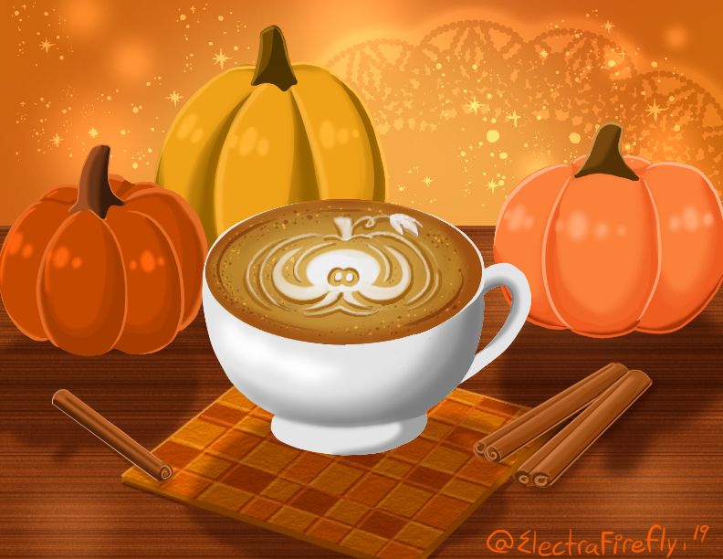 A hot cup of pumpkin spice latte with an Octopus decorated in the cream. Pumpkins and cinnamon surround the cup on the table