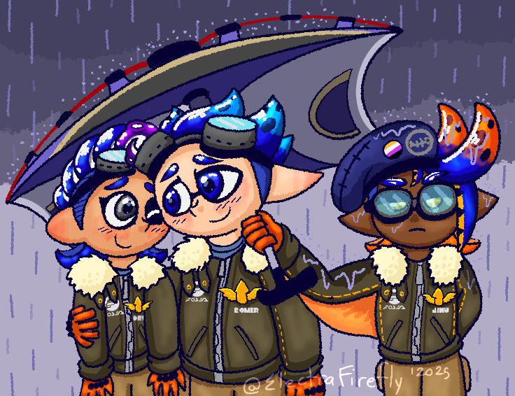 Orv and Boomer affectionately walking side by side in the rain while Lind holds open their Tenta Brella over them shielding the two from the rain…at Lind’s expense