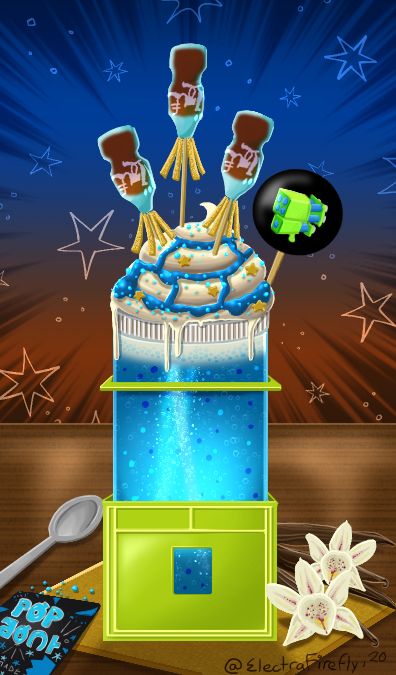 The Special Drink sits in the middle of the table. It is filled with bubbly soda and pop rocks and topped with gummy soda bottles blasting off as well as whipped cream, pop rocks and blue oozey drizzle and star sprinkles.

#foodart