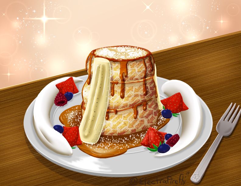 Japanese Pancakes based on Blackbelly Skatepark’s tower. Cream and Squidfin Strawberries surround the tower and half pipes