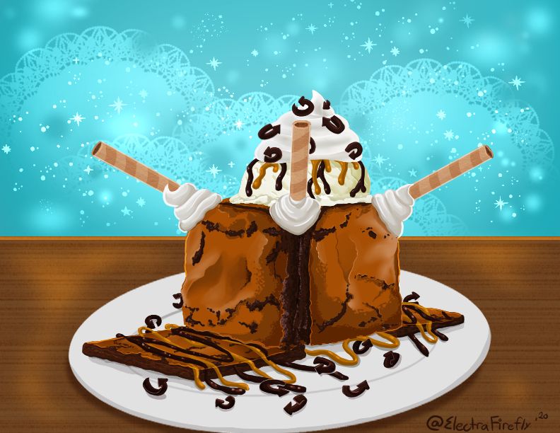 Brownies constructed to resemble a Point Sensor.
Ice cream adorns the top and chocolate Point Sensor tracking curls are scattered all over the plate. Cookie straws protrude from the top. The brownie sundae is drizzled in hot fudge and caramel 