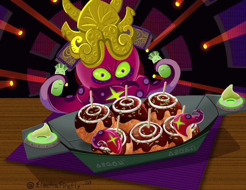 Takoyaki served in a bamboo turntable styled bowl with a DJ Octavio toy overseeing the remix.
Spicy wasabi beats sauce adorns the then tables. Octopus tentacles resembling DJ Octavio adorn the takoyaki balls