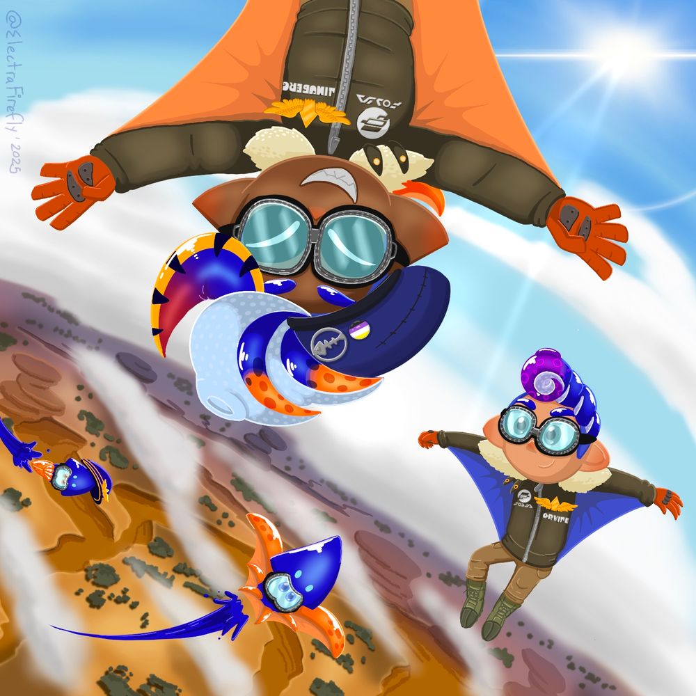 Flipped imaged:

The Soarin’ Squids flying above a canyon. Lindberg is flying upside down while Orville flies close behind them. Boomer and Amelia are in swim form below them.