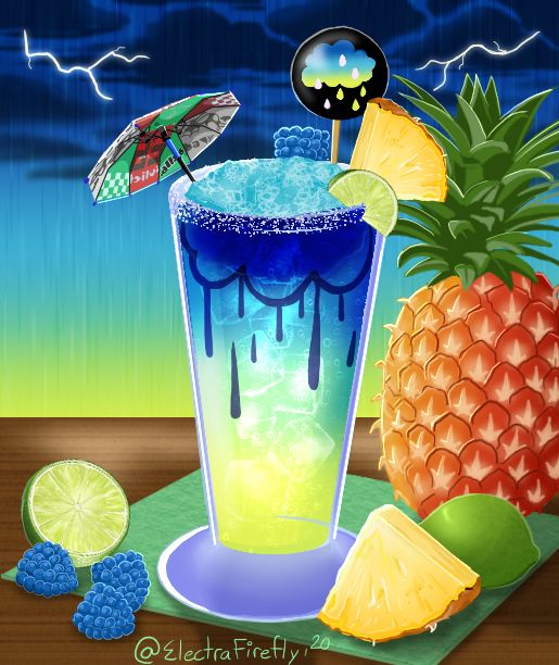 A tropical themes slush drink sits in the middle of a tropical storm on the table. Limes, pineapple and blue raspberries rest alongside scattered. The drink has a slush topping and a mini drink Brella weapon adorning the top and confectionery sugar on the rim.