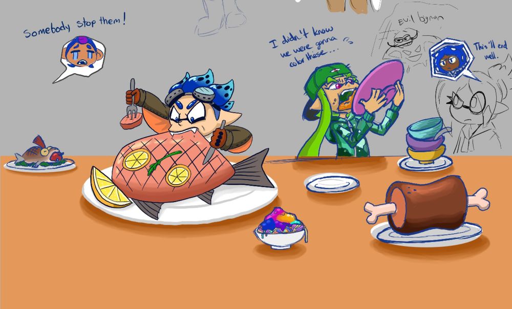 Boomer tearing into filet of Steelhead while Aster downs a plate full of food