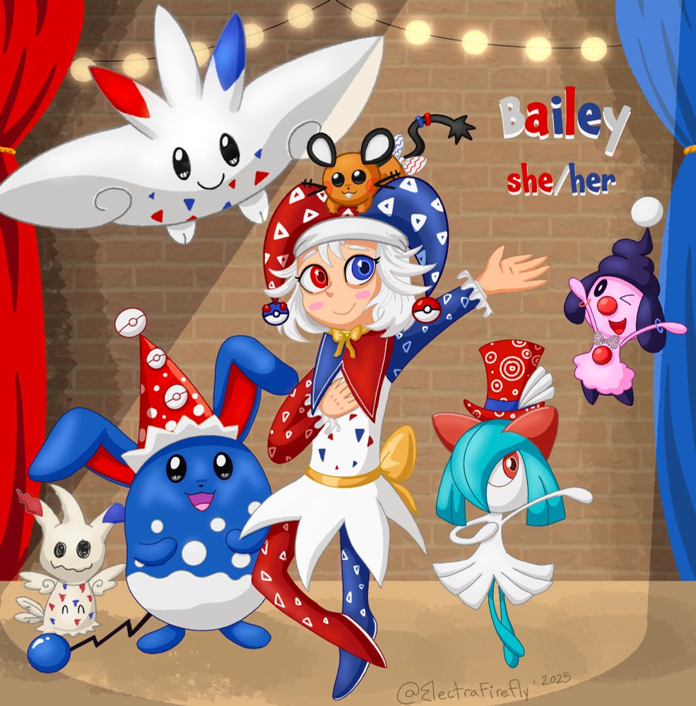 Bailey the circus themed Fairy type gym leader stands on stage with her performing fairy types. Azumarill, Kirlia, Mime Jr, Dedenne, Togekiss and Mimikyu. All the Pokemon are dressed like Bailey’s signature Pokemon, Togekiss