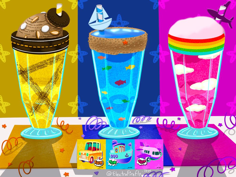 🚗 Land: a crunchy toffee and chocolate shake filled with toffee chunks and chocolate tire tread marks on the inside of the glass. Rimmed with a chocolate asphalt and white chocolate stripes. Topped with Rocky Road ice cream and a chocolate tire donut.

🛥️ Water: a blue raspberry gelatin dessert shake blended with blue raspberry gelatin and filled with gummy fish. Rimmed with a sandy graham cracker beach rim and blue raspberry gelatin surface. 

 ✈️ Air: an airy, cotton candy shake, filled with fluffy cream clouds and cotton candy ice cream.  Rimmed with a sour belt rainbow belt and topped with a pink cotton candy