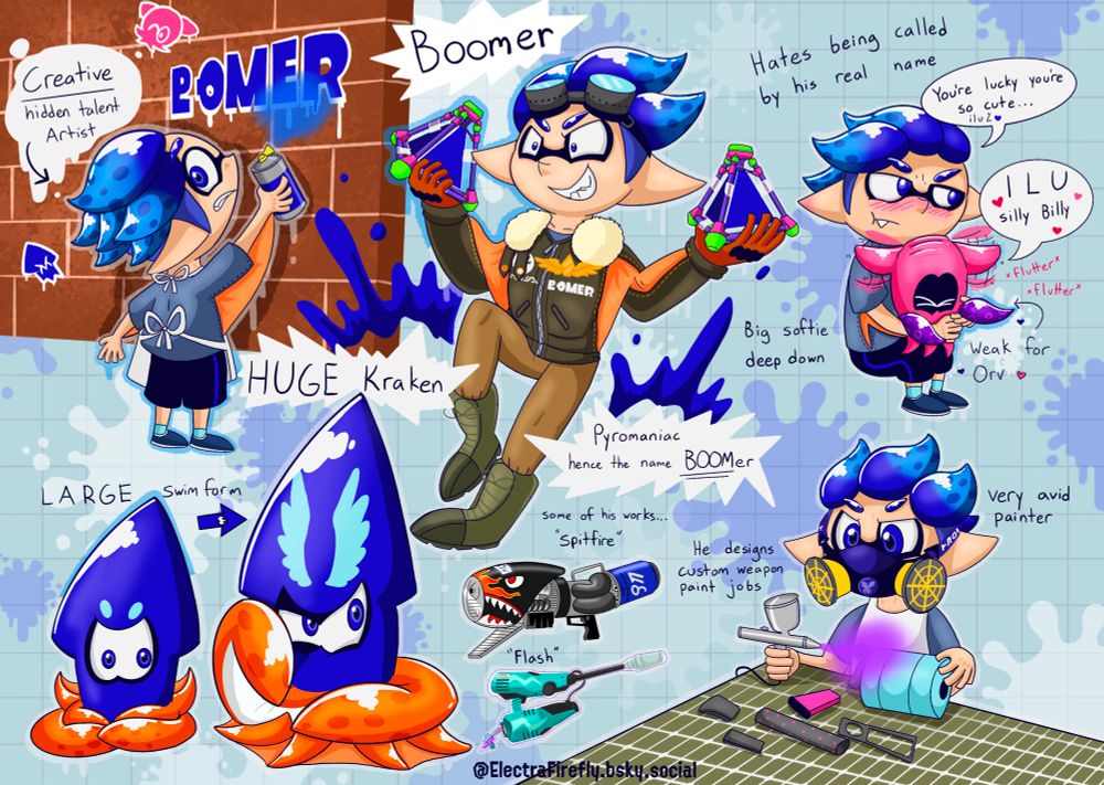 Creative hidden talent: Artist
Boomdr custom paints all his weapons and even does requests for friends. He designed “Spitfire” and “Flash”.
—-
Boomer has a large swim form which results in a HUGE kraken form. 
—- 
This one is pretty obvious but Boomer is a pyromaniac and he LOVES explosions (hence the name BOOM-er). He only mains weapons with bombs. 
—-
He may seem tough and mean on the outside but deep down he is actually very soft and understanding. He cares deeply for friends and family (especially Orv whom he has an especially soft spot for).
—-
He hates being called by his real name, but tolerates it when Ami ir Orv calls him it. 