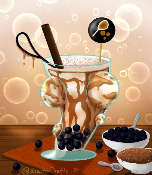 Brown sugar milk tea sits on a napkin with a small dish with boba and brown sugar on the right. The drink is filled with caramel ribbons that represent the ink inside the bubbles. A chocolate bubble blower sticks out from the top of the drink along with the Big Bubbler special icon. The background is surrounded by bubbles