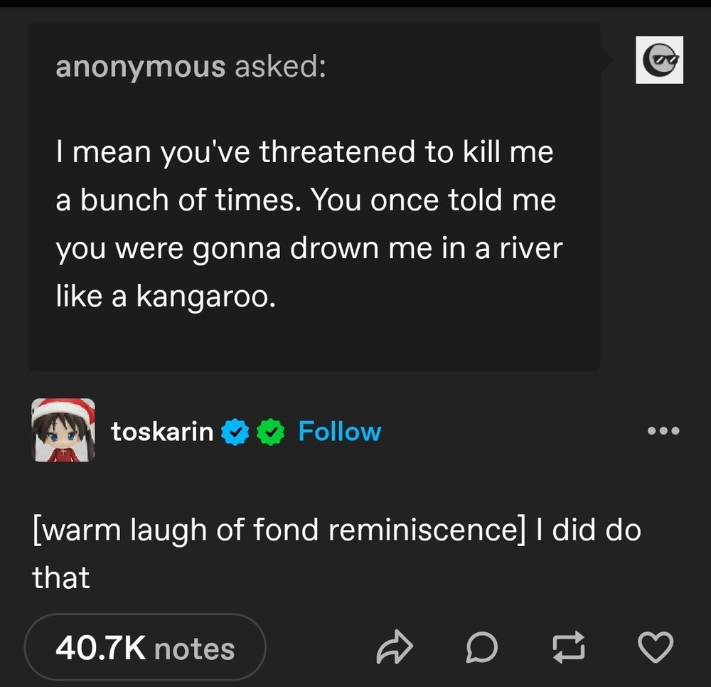 An Tumblr anonymously asks: I mean you've threatened to kill me a bunch of times. You once told me you were gonna drown me in a river like a kangaroo.

User toskarin: [warm laugh of fond reminiscence] I did do that