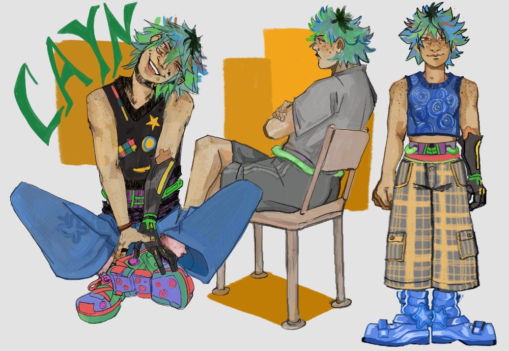 illustrations of a character named 'cayn'. on the left, she sits on the ground with her head tilted. in the center is a shot of her facing the left, sitting on a seat with arms and legs crossed. on the right is a front reference. she has fringed, choppy green and blue hair and generally wears colorful clothes.