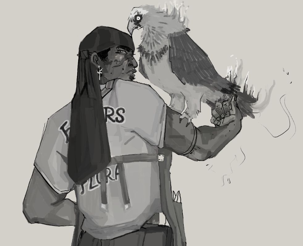 A greyscale drawing. The individual has their back turned, looking back over their shoulder. They are dark-skinned with a soulpatch, a scar over their face, and a cross earring. They are wearing a garden apron, a black durag that drapes down to their mid-back, and a shirt. The shirt's back has obscured text on it, "F_rs Flora." On their right bicep is a bearded vulture with flames flaring from the neck and tail-feathers.