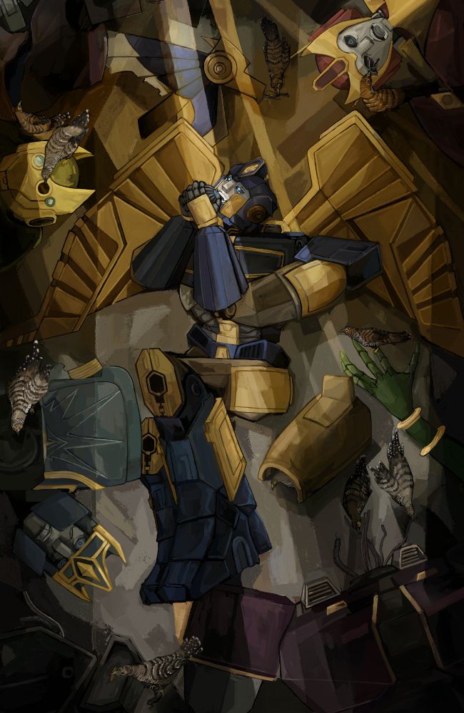 A digital painting of Sentinel from Transformers One. He is in the middle, looking up at a ray of golden light while holding a transformation cog close to his mouth with both hands. Above him is the torso of Alpha Trion, the screaming corpse of Solus Prime, a wing of Onyx Prime, and the head of Alchemist Prime.

To Sentinel's left is the body of Zeta Prime with his chest open. His body stares at the viewer, permanently petrified. Below him is Amalgamous Prime with his head separated from his body.

To Sentinel's right is the shoulder pauldron of Prima Prime and an arm of Quintus Prime. At Sentinel's pedes is the decapitated body of Megatronus Prime. Throughout the bodies, cuckoo birds are poking at their bodies, tugging at wires, perching, or hiding.
