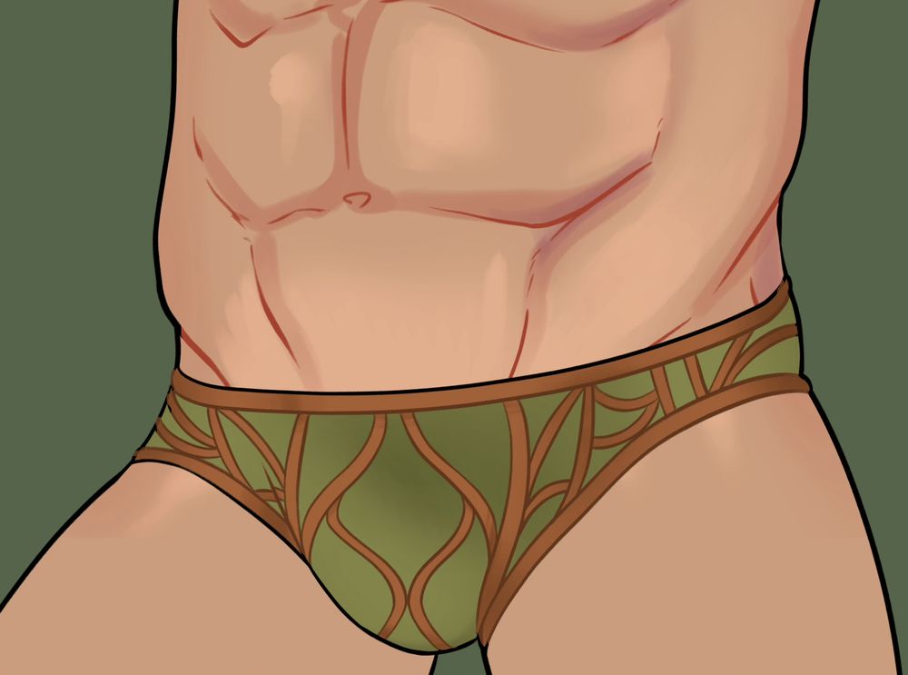 Close up of an illustrated crotch wearing green and brown elven underwear (Halsin BG3)
