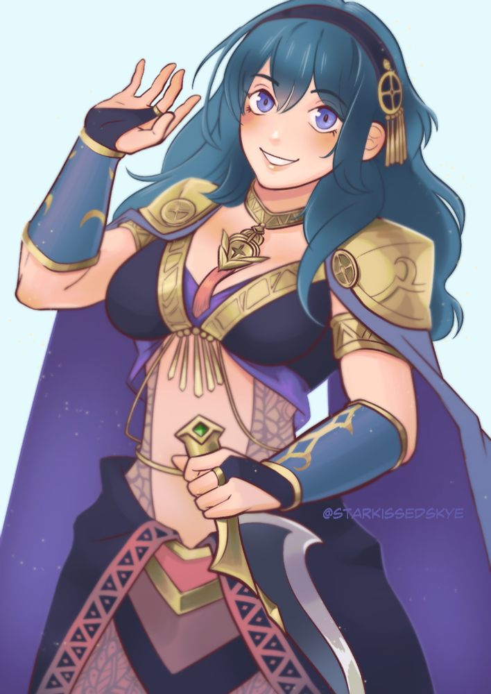 Illustration of a blue-haired woman in a fanciful costume waving while holding a dagger. 