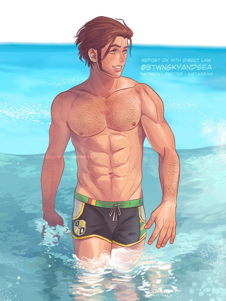 Digital illustration of a man wading in the ocean (Claude von Riegan from Fire Emblem Three Houses).
Text center right reads:
Repost OK with direct link
@btwnskyandsea
patreon | twitter | instagram