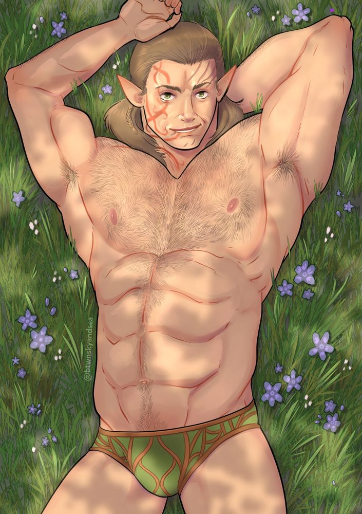 Illustration of a muscular man reclining in the grass, wearing nothing but green and tan briefs. He is looking at the viewer expectantly. (Character: Halsin from Baldir's Gate 3)