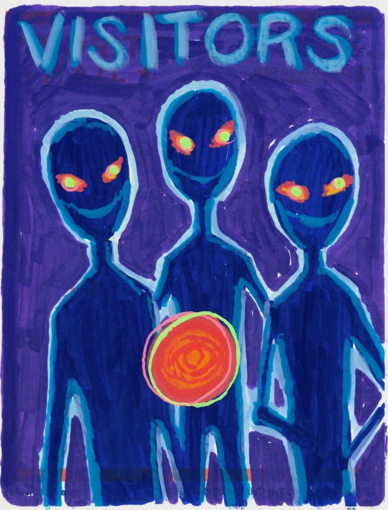 Drawing of three beings who may be aliens or sleep paralysis demons, staring at you from the darkness with glowing eyes and sinister smiles. They are accompanied by a glowing ball of red light.